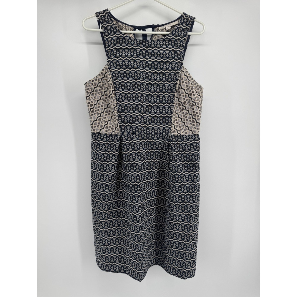 LOFT Navy Blue Cream Geometric Jacquard Sleeveless Shift Dress Womens 8 Tie Back
